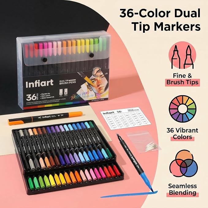 36 Colors Dual Tip Brush Pens, Water-Based Markers with Fine Tip and Brush Tip, Non-Toxic Art Supplies for Adult Coloring Books, Calligraphy, Sketching, Journaling, Drawing
