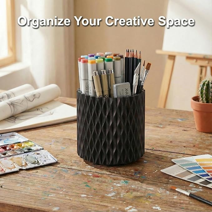 Black Pen Holder for Desk, 360° Rotating Pencil Organizer, 5 Slots | Spinning multi-use organizer for pens, makeup brushes, art supplies, markers - desk caddy for office