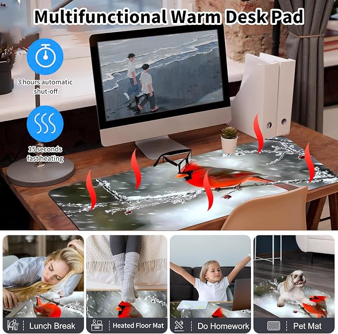 Warm Desk Pad,Heated Desk Pad,Office Mat,3 Heating Levels & 3 Hours Auto Shut-Off,31.5"*13" Gaming Mouse Laptop Keyboard Leather Desk Mat,Red Main Cardinal Bird