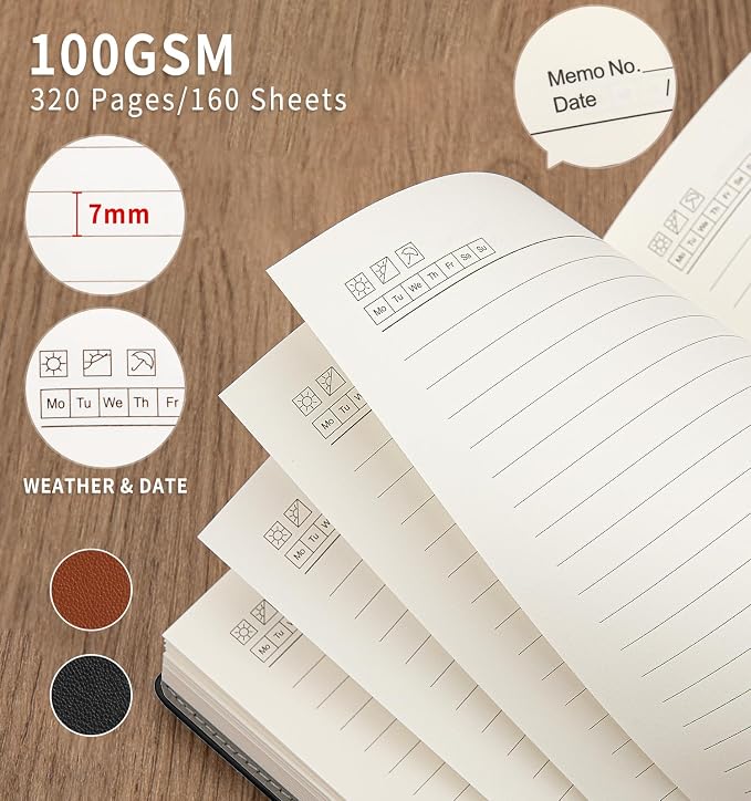 A5 Lined Journal Notebook for Women Men, Hardcover Journals for Writing, 320 Pages 100GSM Thick Paper, Daily Journal Notebook for Work, School, Note Taking, Business, Travel（Black）