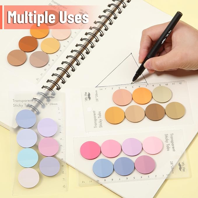 Mr. Pen- Round Transparent Sticky Notes, 1.1” Diameter, 28 Pads | 1120 Sheets, Colorful, Water-Resistant See-Through Sticky Notes Bulk & Fineliner, Smooth Writing