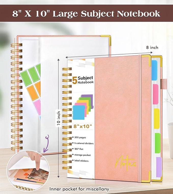 5 Subject Dotted Notebook with Removable Dividers Tabs, 300 Pages Hardcover Leather Dot Grid Spiral Journal, 8"x10" B5 Large Bullet Notebooks for Women Men Work School College Maths Sketching, Pink