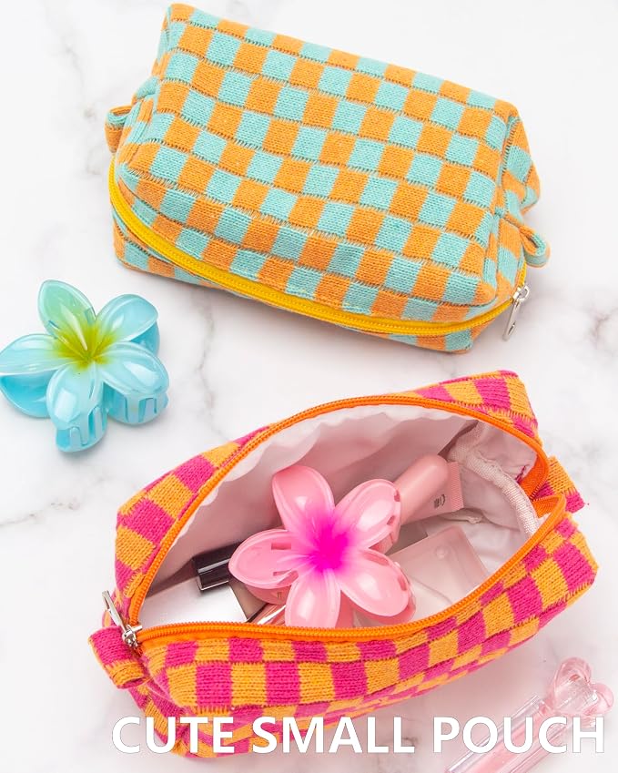 Checkered Makeup Bag for Purse, Small Cosmetic Pouch,Red Orange,6 Pack | Cute Zipper Makeup Organizer for Women, Travel Essentials, Toiletries, Makeup Brushes, Beauty Accessories&Bridesmaid Gifts