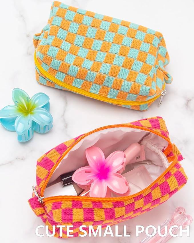 Checkered Makeup Bag for Purse, Small Travel Cosmetic Pouch,Red Orange | Cute Zipper Makeup Organizer for Women, Travel Essentials, Toiletries, Makeup Brushes, Beauty Accessories&Bridesmaid Gifts