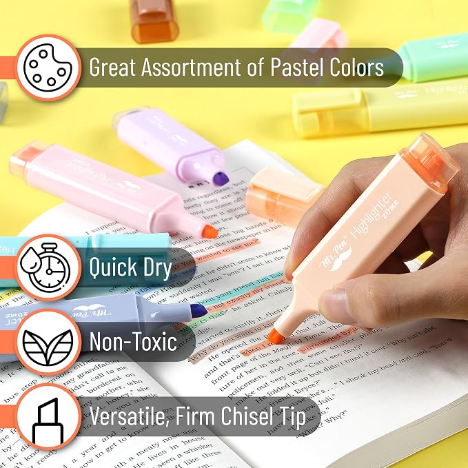 Mr. Pen- Pastel Highlighters, 8 Pack, Highlighters with Firm Chisel Tip | Quick Dry & Non-Toxic, No Bleed on Standard Paper, Ideal for Highlighting, Underlining, Journaling & Coloring