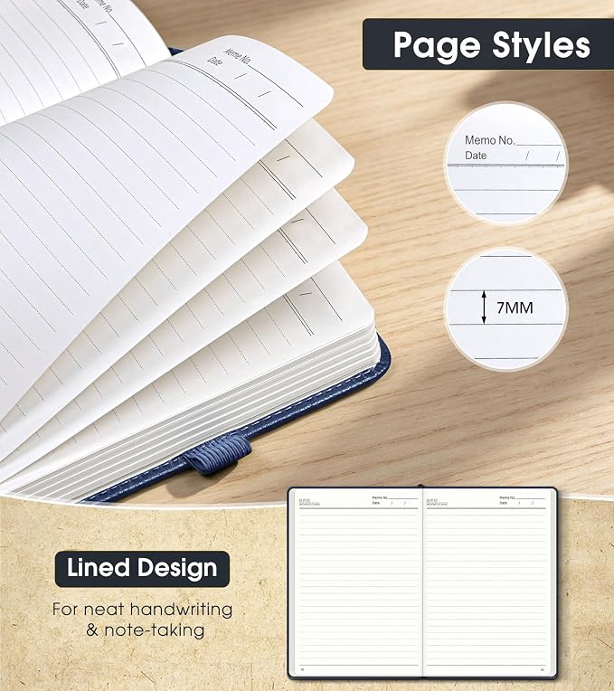 Lined Journal Notebook, A5 Hardcover Leather Journals for Writing, 160 Numbered Pages, 5.7'' x 8.3'' Journaling Notebooks for Men Women, Thick Paper College Ruled Journal for Work Office School, Navy