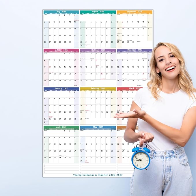 Yearly Wall Calendar 2026-2027 - Large Yearly Calendar 2026-2027, Jul 2026 - Jun 2027, 25.2'' x 38.2'' (Open), Yearly Calendar 12 Months, with To-do Lists, Notes, Stickers, All At One Page