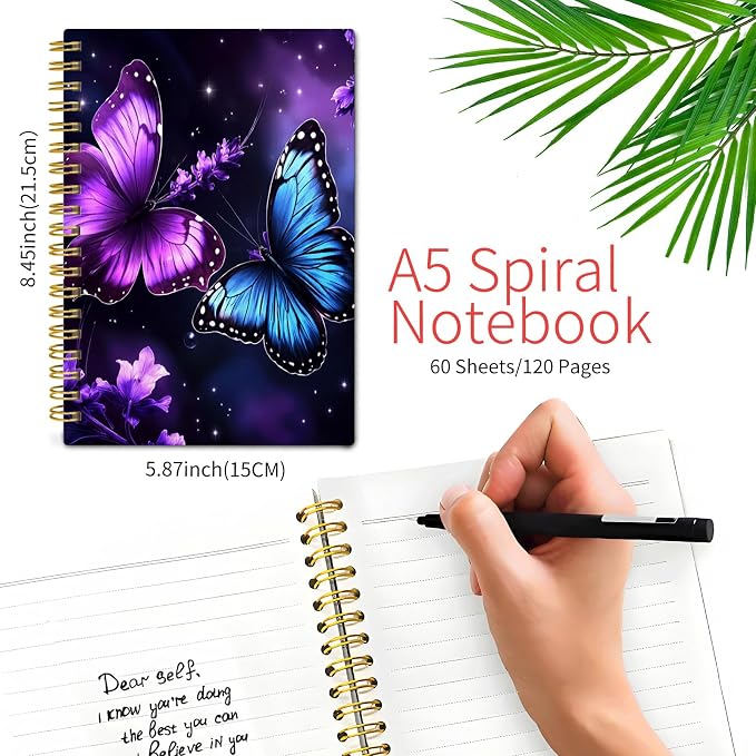 KZYVFNPQ Spiral Journal Notebook for Women Men, A5 Cute Hardcover Lined Notebook with Strong Binding,College Ruled Notebook for Office Work Writing(Purple Blue Butterfly Floral Stars)