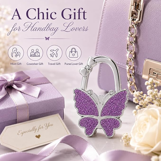 Purse Hook for Table, Foldable Handbag Hanger for Women, Portable Bag Holder with Non-Slip Base, Cute Bling Purple Butterfly Purse Table Hook for Restaurant Office Travel Gift