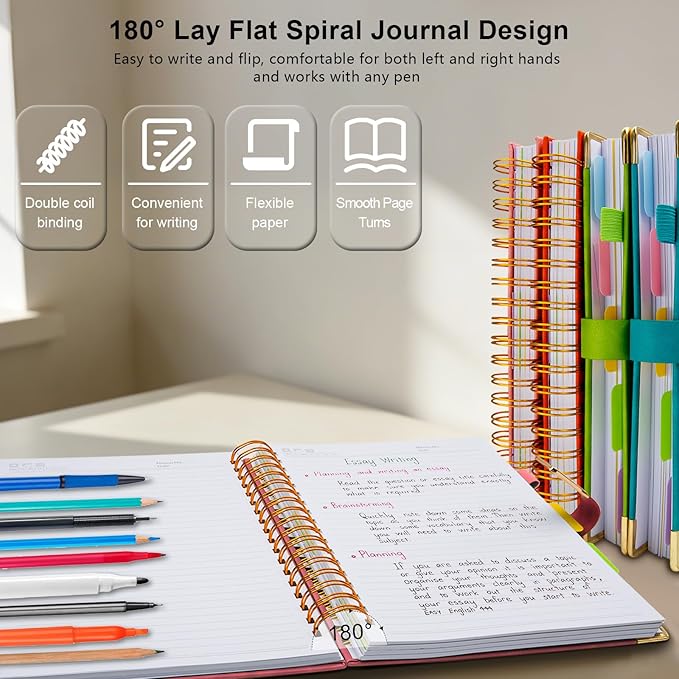 Hardcover Spiral Notebook College Ruled, 8"x10" Leather Journal Notebook with Magnetic Closure, 300 Pages 5 Subject Notebook with Dividers Tabs Journal for Women Men, Work, School(Pink)