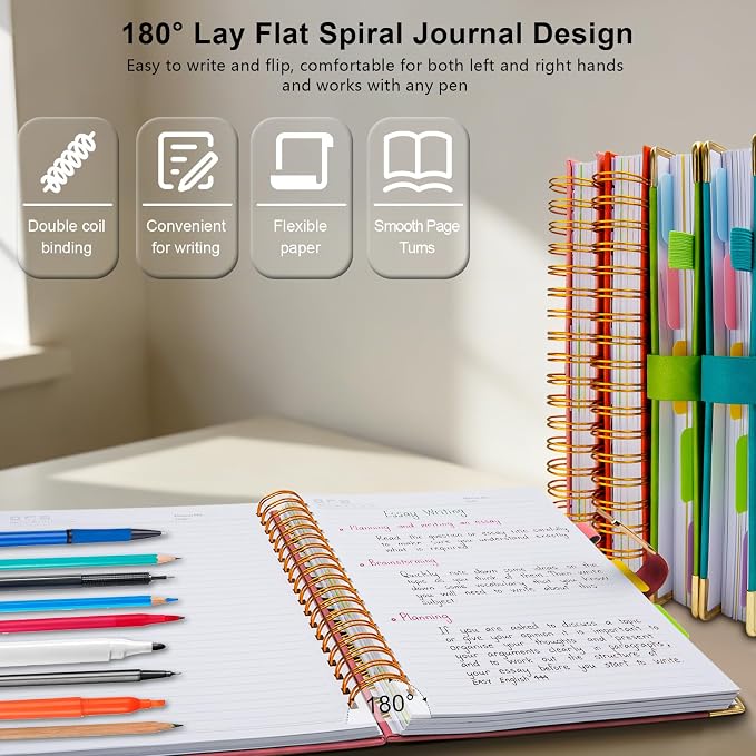 Hardcover Spiral Notebook College Ruled, 6.2"x 8.2" Leather Journal Notebook with Magnetic Closure, 300 Pages 5 Subject Notebook with Dividers Tabs Journal for Women Men, Work, School(Pink)