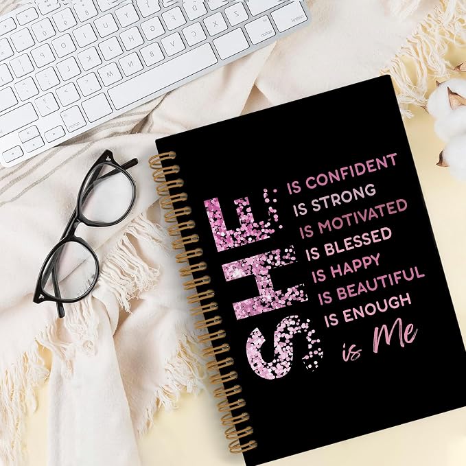 QLMX She Is Me Affirmations Spiral Notebook, Pink Black Inspirational Self Care A4 Journal Notebook, Positive Notebooks for School Work, Self Love Office Supplies Gifts for Women Girls, 8.3x11.7 Inch