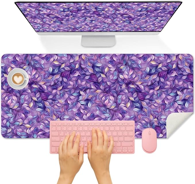 Britimes Purple Oil Painting Desk Mat Leaves Abstract Deak Pad Non-Slip PU Leather Large Keyboard Mouse Pad Office Desktop Accessories for Office,Work,Home Decor(31.5"X15.7")