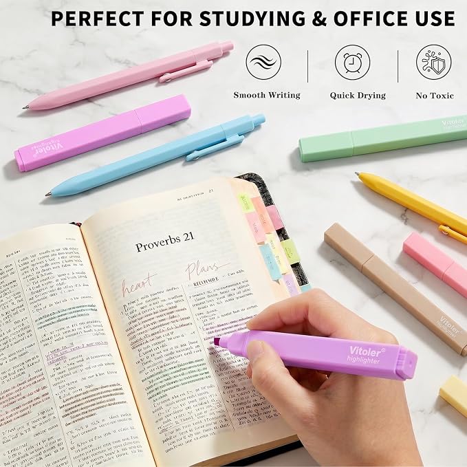 Piochoo Highlighters and Black Pens Set,6Pcs Pastel Highlighters Assorted Colors,6 Pack 0.5mm Cute Gel Pens for Women Nurse Office School Supplies