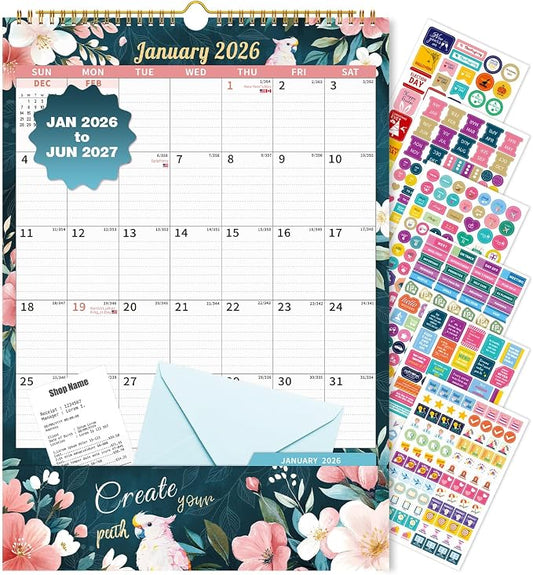 Ospelelf Wall Calendar 2026-2027 with Storage Pocket Monthly Large Planner Pad 17" X 12" with Protective Cover and Sticker for Family Fridge Office Teacher Student January 2026 to June 2027 Retro