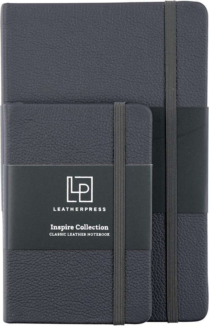 Leather Pocket Notebook, Writing Journal, Full-Grain Leather, Narrow Ruled Paper, Notebooks for Work & School, Twilight Gray (5.7" x 3.8”)