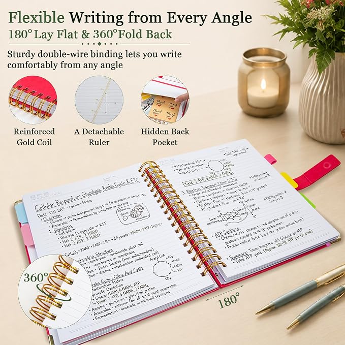 Hardcover Spiral Notebook 8''x 10'' College Ruled Notebook with Magnetic Closure, 300 Pages 5 Subject Notebooks with Pocket Dividers for Work School, B5 Leather Journal for Women, Men (Rose Red)