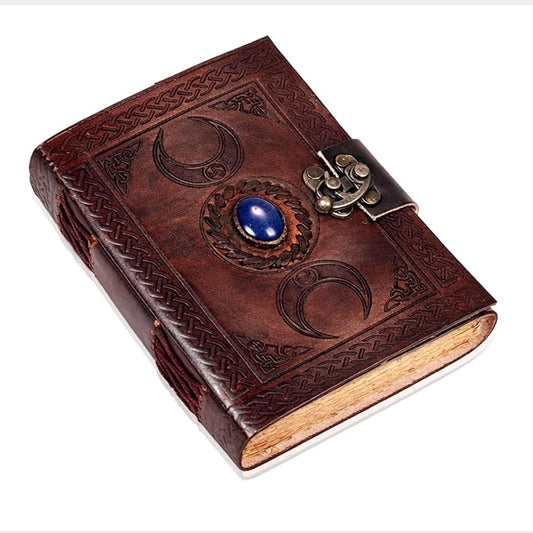 cuero 3 Moon Blue Lapis Embossed Vintage Leather Journal for Men & Women - 140 Pages, Antique Handmade Deckle Edge Vintage Paper, Leather Journal Writing Notebook Dairy Gift (7 inch by 10 inch, Brown) [Unknown Binding]