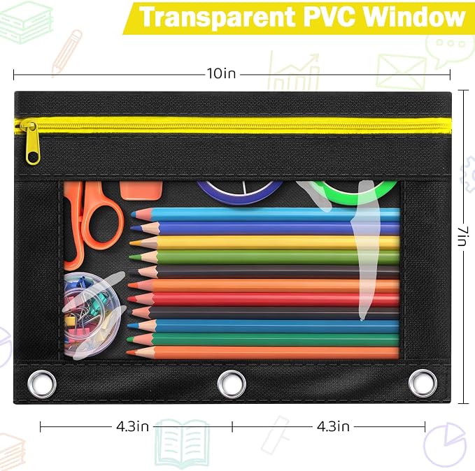 36 Pack Pencil Pouch for 3 Ring Binder Set in 6 Assorted Colors, Clear Window Heavy-Duty Fabric Pencil Case Pouch, Multi-Color Zipper Pencil Bags for Classroom and Office School Supplies