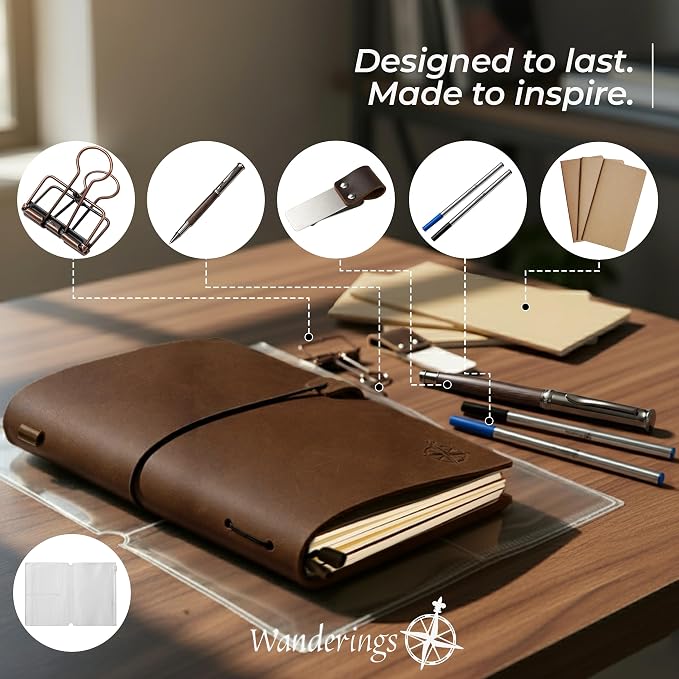 WANDERINGS Pocket Size Travelers Notebook Bundle – 4" x 5.1" (10 x 13cm) – Genuine Leather Journal with Pen Holder, Pen, 2 Ink Refills, PVC Folder & Binder Clip