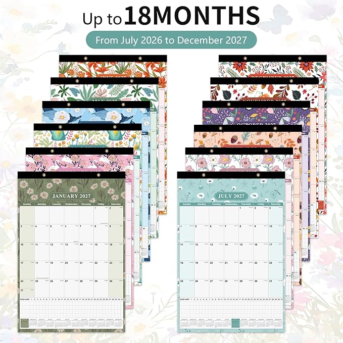Large Wall Calendar 2026-2027, 18-Month Wall Calendar from July 2026 to December 2027, 15" x 22" 2026 Wall Calendar with Spacious Blocks, Julian Dates, Habit Tracker & Full-Year Reference for Home Office School Floral