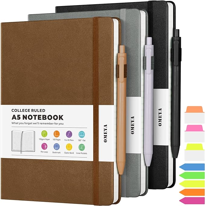 Lined Journal Notebook, 3 Pack A5 College Ruled Notebooks for Work, Hardcover Notebook Each with 2 Pockets & Pen, Leather Journal for Women, Men, 160 Pages, 100GSM Thick Paper (Black, Brown, Grey) | College-Ruled, 5.75" x 8.38", PU Leather Hardcover, 3...