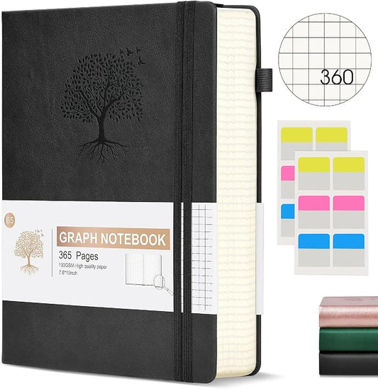 Ansopu Graph Paper Notebook Journal, 360 Numbered Pages Grid Notebooks, Thick 100gsm Graphing Paper Notebook Journals for Women Men, B5 Large Hardcover Leather Graph Notebook 7.6'' X 10'' Black