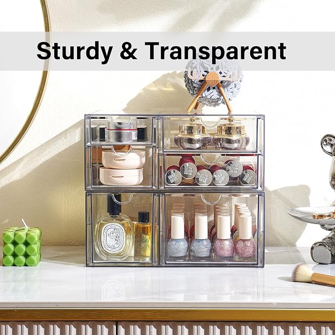 Prsildan Acrylic Makeup Organizer Clear Storage Drawer with 6 Small Drawers | Transparent, Vanity Organizers, For Bathroom Kitchen Cabinet Office Desk Under Sink, Set of 2