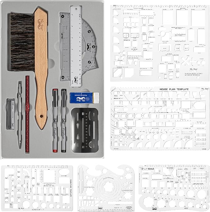 Mr. Pen- Professional Drafting Tools & Geometry Set with Case, 17 pcs | Mechanical Pencil, Fineliners, Scale Metal Ruler, Drawing Templates for Interior Design House Plan, Architect Protractor Set