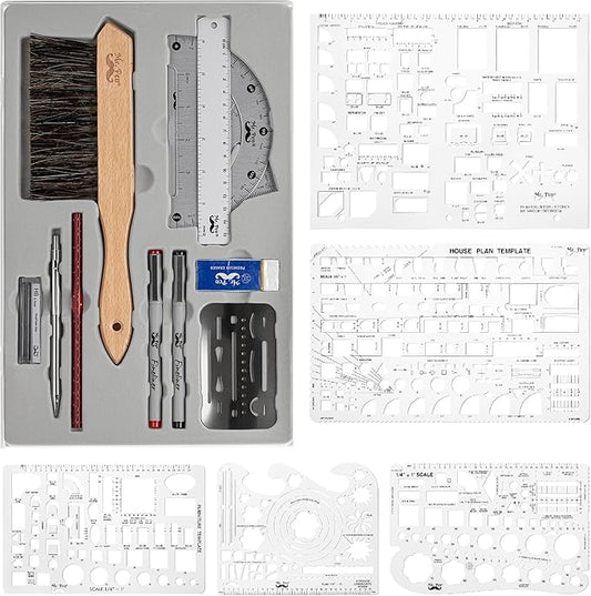 Mr. Pen- Professional Drafting Tools & Geometry Set with Case, 17 pcs | Mechanical Pencil, Fineliners, Scale Metal Ruler, Drawing Templates for Interior Design House Plan, Architect Protractor Set