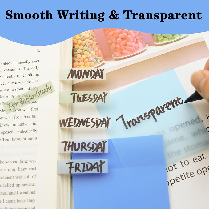 YOUDEFUL 800Pcs Transparent Sticky Notes, Bright Blue Clear Sticky Notes, 3"x3" Waterproof Translucent Sticky Note Pads, Index Tabs, Clear Post it Notes for Bible Study, See Through Sticky Notes