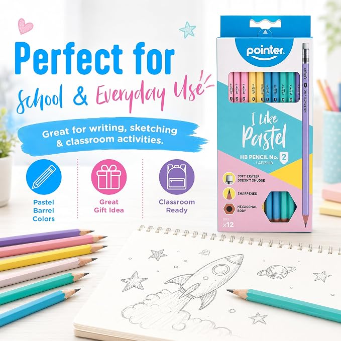 Pointer Pastel HB Pencils with Soft Eraser, Hexagonal Body, Pre-Sharpened, Assorted Colors, 12 Count | #2 HB Writing Core Pre-Sharpened Tips Built-In Erasers Hexagonal Anti-Roll Design Back to School Essential