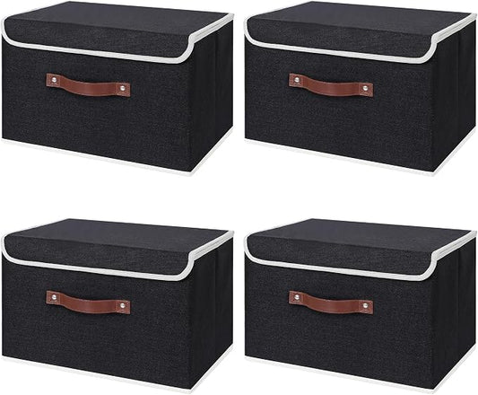 ANMINY 4PCS Storage Bin with Lid Storage Boxes with PU Leather Handles PP Plastic Board Decorative Foldable Lidded Cotton Linen Fabric Home Cubes Baskets Closet Organizer Container - Black, Medium