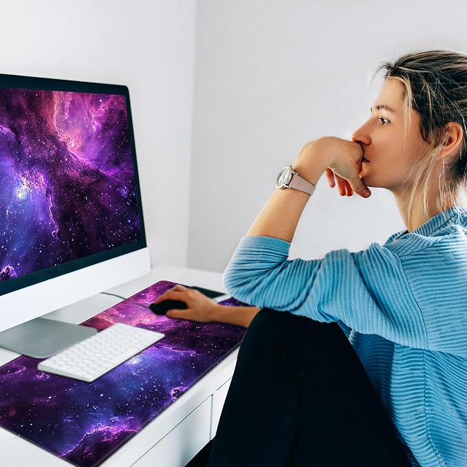 Warm Desk Pad,Heated Desk Pad,Office Mat,3 Heating Levels & 3 Hours Auto Shut-Off,31.5"*13" Gaming Mouse Laptop Keyboard Leather Desk Mat,Purple Galaxy Glliter