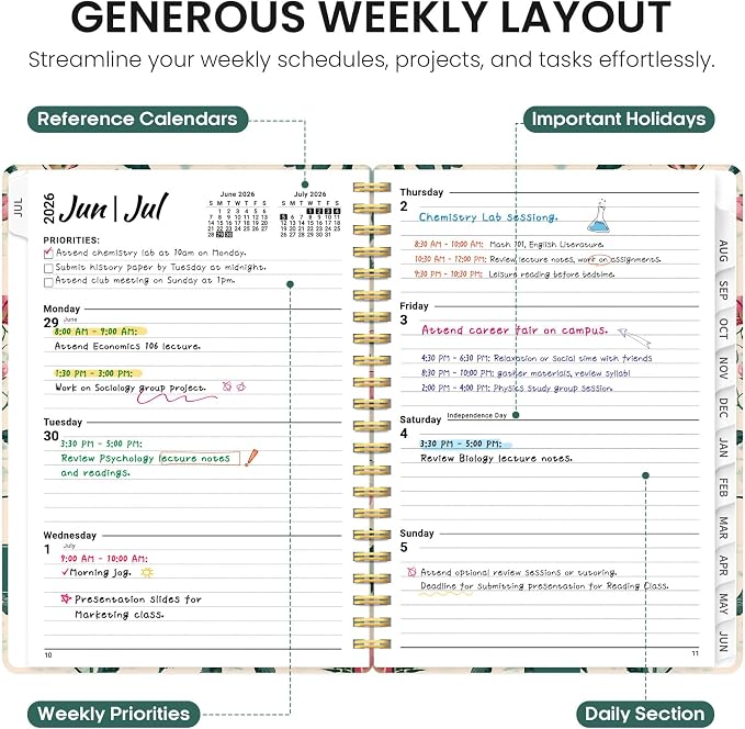 Planner 2026-2027, Academic Year Monthly and Weekly Calendar Planner, Jul 2026 - Jun 2027, Hardcover Teacher Student Planning Agenda book with Tabs, Perfect for School Office Supplies, 6.3" x 8.5" - Blush Peony