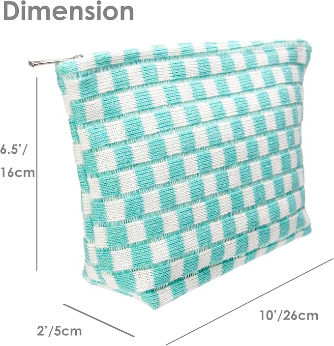Checkered Makeup Bag for Purse, Small Flat Cosmetic Pouch,Arctic Blue | Cute Zipper Makeup Organizer for Women, Travel Essentials, Toiletries, Makeup Brushes, Beauty Accessories&Bridesmaid Gifts