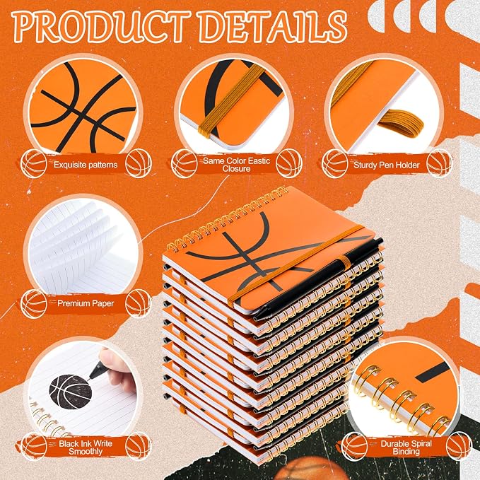 Fulmoon 24 Set Basketball A6 Spiral Notebook with Ballpoint Pens 50 Sheets, 4"x 6" Small College Ruled Notepads Journaling Notebooks Bulk Basketball Team Gifts for Back to School Supplies Offices