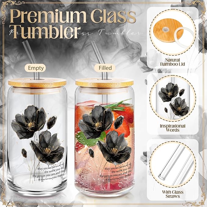 Funnymoom 6 Pcs Appreciation Gifts Set for Women Back to School Teacher Gifts Employee Thank You Gift with 17 oz Glass Tumbler Journal Pens and Pouch for Coworkers Educators,Floral,Black
