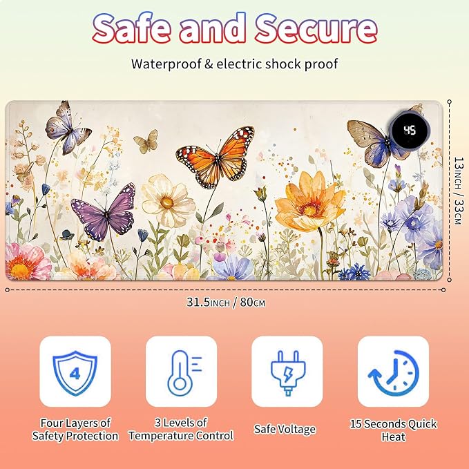 Heated Desk Pad Large Mouse Pad 31.5 x 13 inch with 3 Levels Heating & Auto Shut-Off Warm Mouse pad PU Leather Computer Mousepad for Home Office Work - Watercolor Butterflies and Flowers