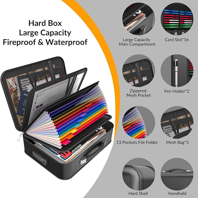 onvvippiv Hard Case Fireproof Document Box with Lock Zipper | Important File Organizer Waterproof Portable Home Office Travel Storage Accordion Folder for Letter A4 Laptop Files