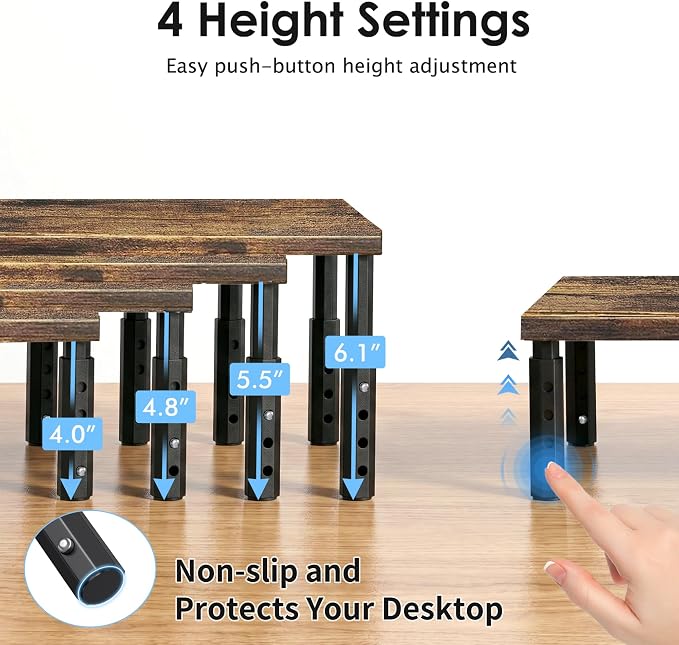 OPNICE Adjustable Monitor Stand Riser for Desk, Computer & Laptop Stand, Desk Organizers and Accessories, Office Desk Accessories & Workspace Organizer for Home Office, Brown Wood 2-Pack