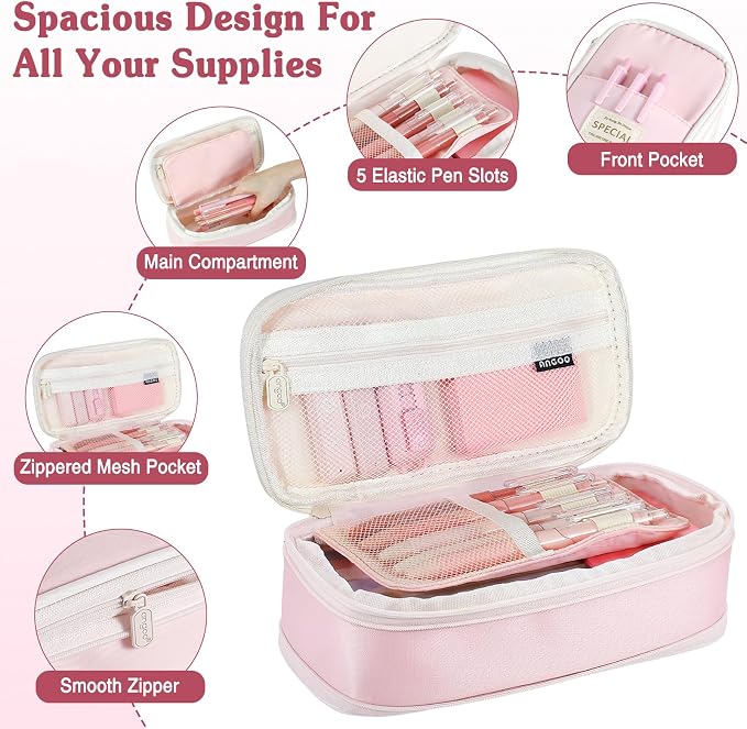 MoKo Pencil Case with Supplies, 49Pcs Aesthetic School Set, Pink | Includes gel pens, highlighters, 0.5 mm mechanical pencils and refills, an eraser, sticky notes and index tabs.