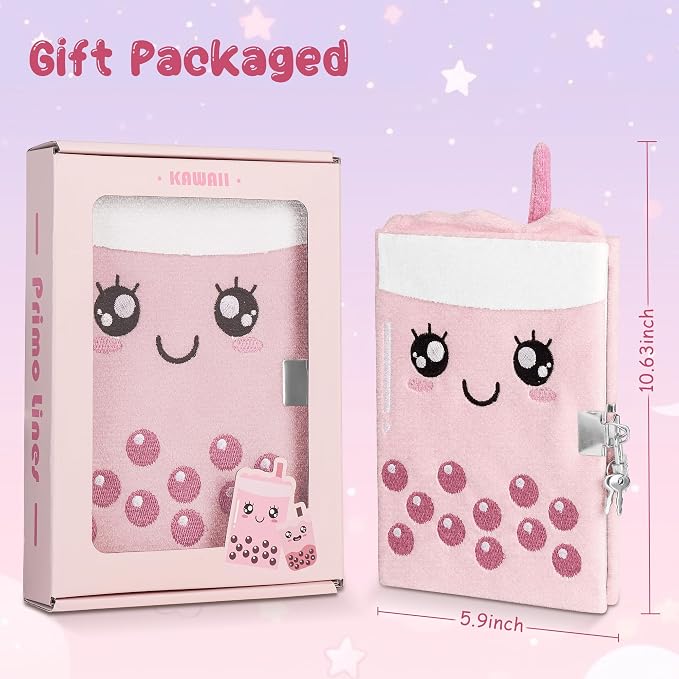 All In One Gift Kit for Girls – Back to School Supplies, Lock and Key Plush Journal Stationery Set with 53 Stickers, 1 Bracelet, 1 Coin Purse, 4 Straws and 3 Sticky Notes, for Kids, Toddlers, and Teens (Pink Boba)