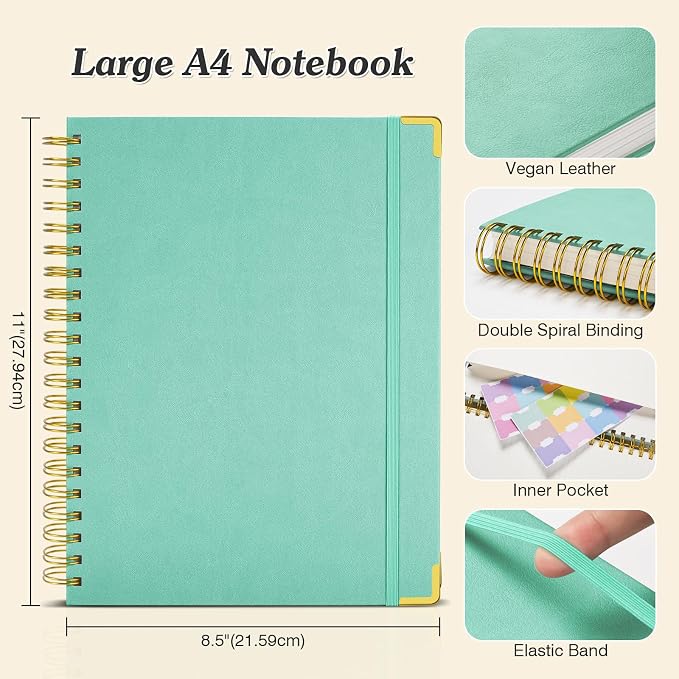 Spiral Notebook 8.5" x 11",300 Numbered Pages Lined Notebooks College Ruled | 100GSM Thick Journal for Women Men, Hardcover Leather Lined Journal for Writing, Large A4 Notebooks for Work School,4 Contens