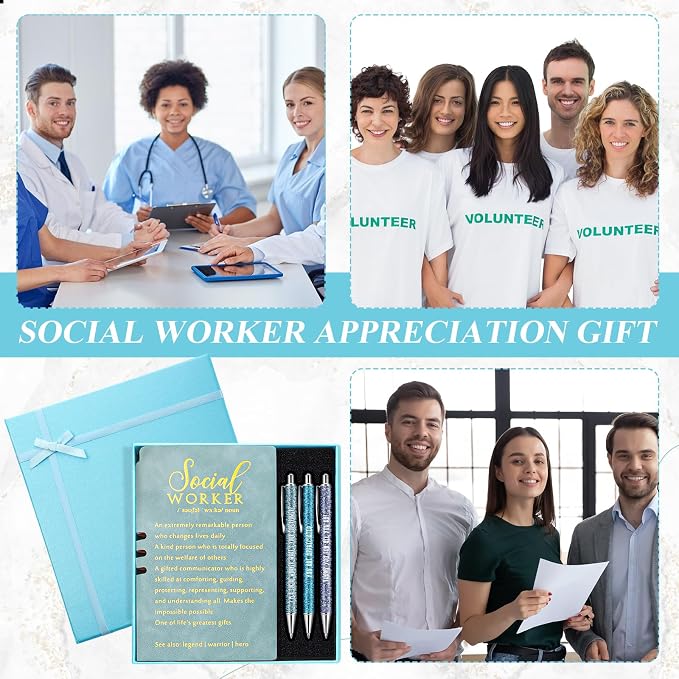 Resurhang 5 Pcs School Social Worker Must Haves Office Supplies Gift Leather Journal Notebook 3 Ballpoint Pens with Box Thank You Social Work Appreciation Gift for Bsw Msw Dsw(Blue)
