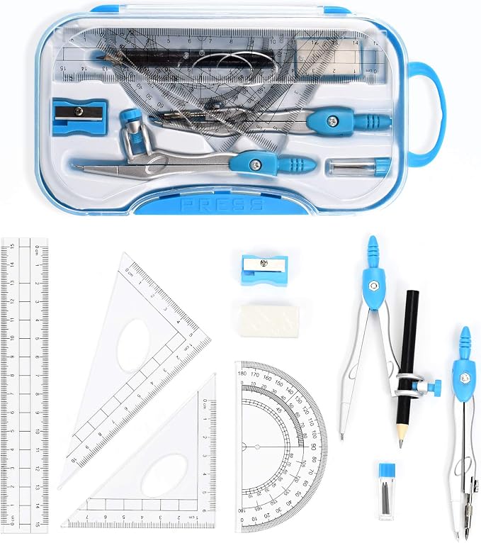 Unjoo Geometry Set 10 Pcs Student Supplies, Protractor and Compass (Blue） | Shatterproof Storage Box,Rulers,Protractor,Compass,Eraser,Pencil Sharpener,Lead Refills,Pencil,for Classroom, Back to School