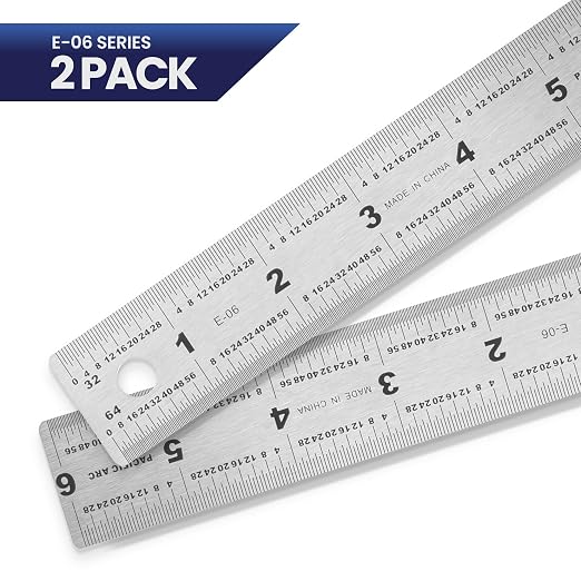 2 Pack - 6" Stainless Steel Ruler with Non-Skid Cork Backing: 32 & 64 divisions per inch