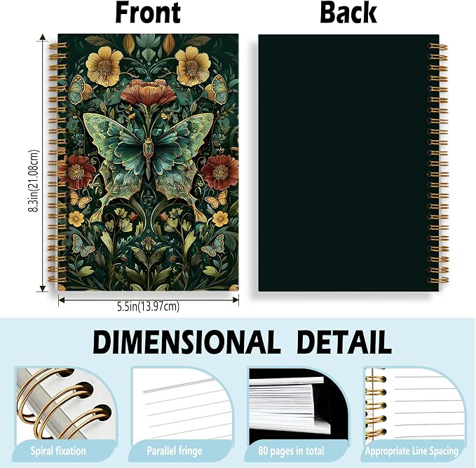 Dark Green Butterfly Journal Notebook 5.5x8.3, William Morris Inspired Insect Journal, Butterfly Gifts for Women, Art Nouveau Floral Botanical Notebooks for Work