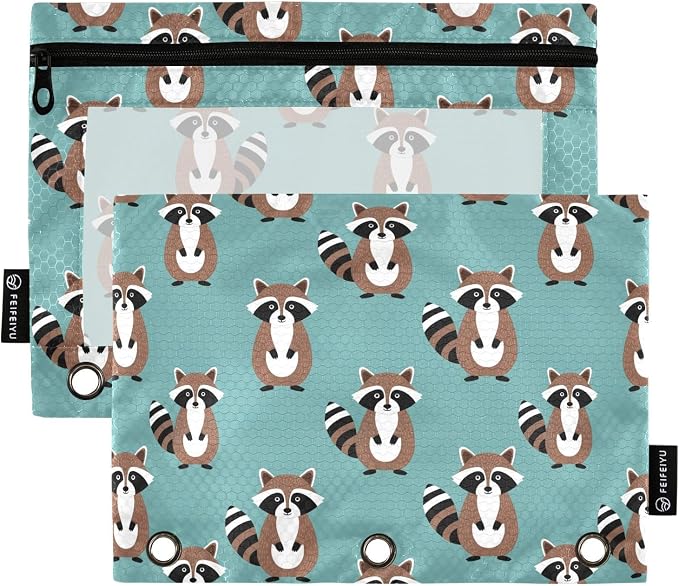 Emelivor Raccoon Teal Pencil Pouch for 3 Ring Binder 2 Pack Binder Pencil Case with Clear Window Pencils Bags with Zipper for Storing College Office Supplies