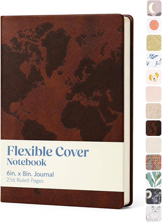 WORLD TRAVELER Eccolo A5 Hardbound Journal Notebook 256 Ivory Lined Pages | Sturdy Flexible Hardcover, 80GSM Acid-Free Ivory Pages, Smyth-Sewn Lay-Flat Binding, Ribbon Bookmark